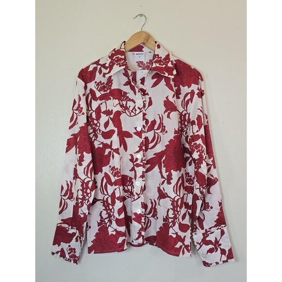 Sana Safinaz Floral Button Down Blouse Womens Size Small Top Red Cream Stitched - Picture 1 of 13